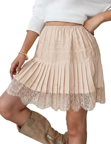 Chicovar Women's Lace Ruffle Tiered Mini Skirt Solid Patchwork Balletcore Ruffled Skirt High Waist a-Line Skirt Flowy (Apricot, L)