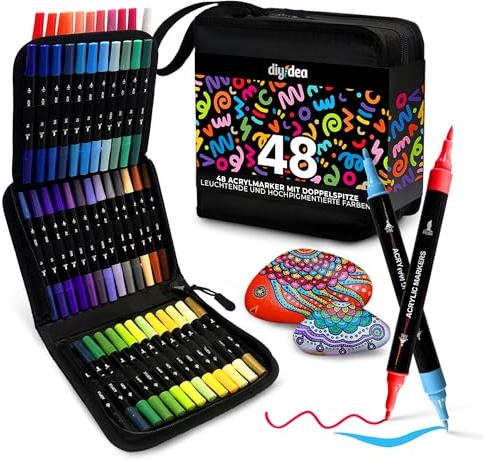 DIYIDEA Pennarelli Acrilici 48 Colori Doppia Punta (Pennello & Punta Fine 1 mm) con Custodia – A Base d’Acqua, Asciugatura Rapida, Non Tossici – Per Legno, Vetro, Ceramica, Pietra & Hobby Creativi