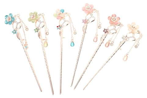 FINISPERSOO 6pcs Chinese Style Retro Flower Hairpins Classic Hair Sticks with Synthetic Gemstone DIY Hair Accessories for Women Traditional Hanfu Random Color