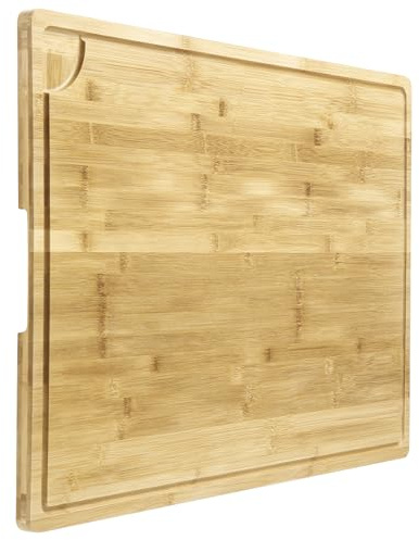 TUFSPRAX Planche à découper en bambou grand taille – Double face avec rigole à jus, poignées, facile à nettoyer – Pour viande, légumes, pain, fromage, BBQ, sur évier – Couleur claire 76,2x50,8x2cm,
