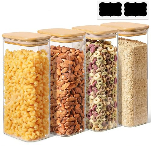 ComSaf förvaringsburkar i glas med bambulock, 1,5 L, 4-pack | rektangulär och kompakt, pasta, müsli, mjöl, kex, smidig förvaring, ordnad förvaring, för skafferi och kök