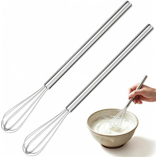 KIMHOME Paquete de 2 mini batidores, cucharas pequeñas de acero inoxidable de alta calidad, 26.5 × 2.5 cm, 30 g, ideal para mezclar café, té, salsas, aderezos y más, utensilios de cocina duraderos y
