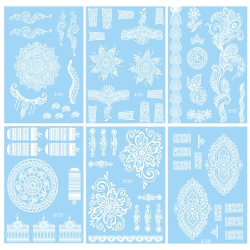 Autocollant de Tatouage Henné Blanc 6 Feuilles Autocollants Temporaires Blanc pour les Mains Faux Tatouage Ephemere Mandala Fleur Tatouage Autocollant Pour Femmes Festival Vêtements Tillbehör