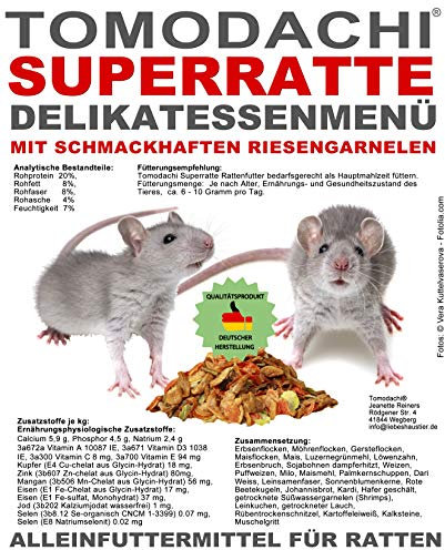 Tomodachi Rattenfutter mit tierischen Proteinen, Süßwassergarnelen, Alleinfutter für die Ratte, Hauptmahlzeit - wenig Pellets, viel Gemüse, Möhrenflocken, Erbsenflocken, Superratte 10kg Sack
