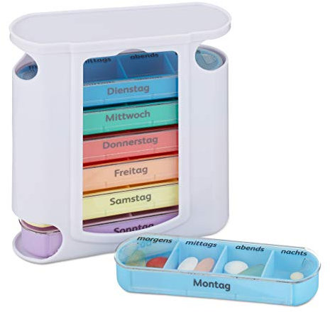 Relaxdays Pillendose 7 Tage, wöchentliche Tablettenbox, 4 Fächer, morgens, mittags, abends, nachts, Pillenbox, weiß/bunt