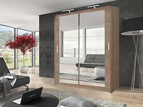 Milan Armoire moderne à double porte coulissante avec miroir et lumière LED Largeur 100 cm/120 cm/150 cm/180 cm/203 cm/250 cm (180 cm, chêne/sonoma)