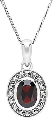 Esse Collier en argent sterling et marcassite avec grenat ovale et marcassite 46 cm, Argenté, Grenat