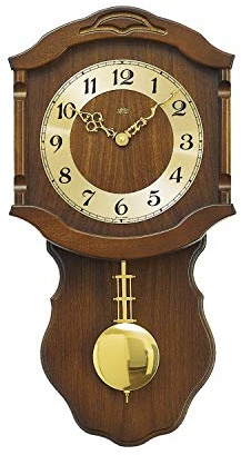SELVA Quarz-Pendeluhr Kempten, extra leise, dekorative Holzwanduhr mit goldfarbenem Zahlenreif (Nussbaum)