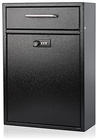 KYODOLED Steel Combination Lock Mail Boxes Outdoor, Locking Wall Mount Mailbox, Security Lock Drop Box, Collection Boxes, 16.2H x 11.2L x 4.6W Inches, Black X Large