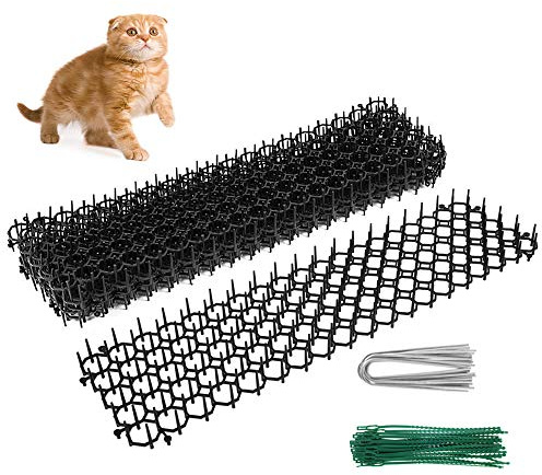 10Pcs Cat Scat Mat with Spikes 49 * 14 * 2.7cm Animal Spikes Repellent Plant Protection Net with 12Pcs Garden U Shape Pegs and 30 Twist Ties for Outdoor Garden Fence Protector