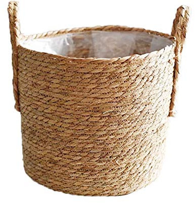 LSFYYDS Diameter of 25cm Seagrass Planter Basket, Natural Plant Pots Containers, Hand Woven Plant Pot Cover with Leak-Proof Plastic Lining for Indoor Outdoor Garden Balcony Home Decoration