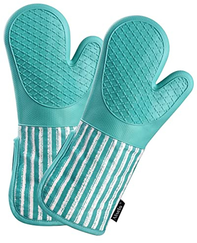 Alselo Silicone Oven Mitts Heat Resistant 932℉ with Waterproof & Non-Slip Kitchen Mittens, Set of 2 Extra Long Oven Gloves with Soft Cotton Terry Lining for Baking Cooking Barbecue