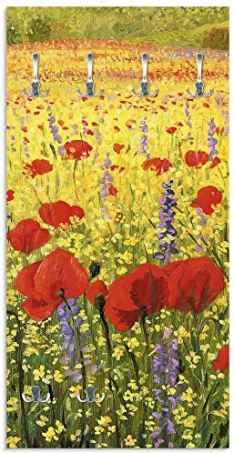 ARTLAND Wandgarderobe Garderobenpaneel Holz mit 6 Haken 60x120 cm Design Garderobe mit Motiv Mohnblumen Blumenwiese H6LI