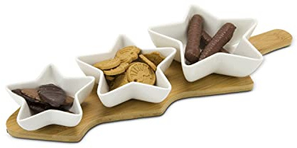 ROMINOX Geschenkartikel Servierschalen // Tre Stella, 4-teiliges Set aus 3 Keramikschälchen auf Bambusbrett mit Griff, zur Präsentation von Snacks, Plätzchen oder Dips; ca. 42 x 15.5 x 5.3 cm