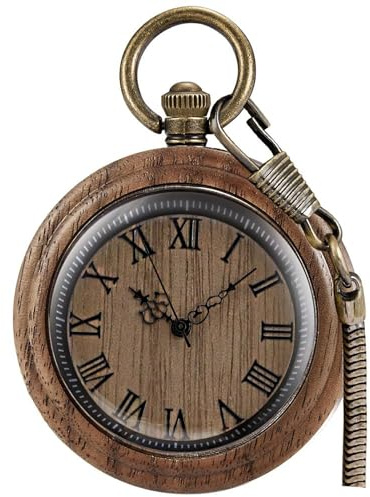 Tiong Orologio da tasca vintage da uomo, realizzato a mano, in legno di bambù, orologio da tasca al quarzo, con catena, ciondolo in legno, regalo per papà, marito, fidanzato, per compleanno