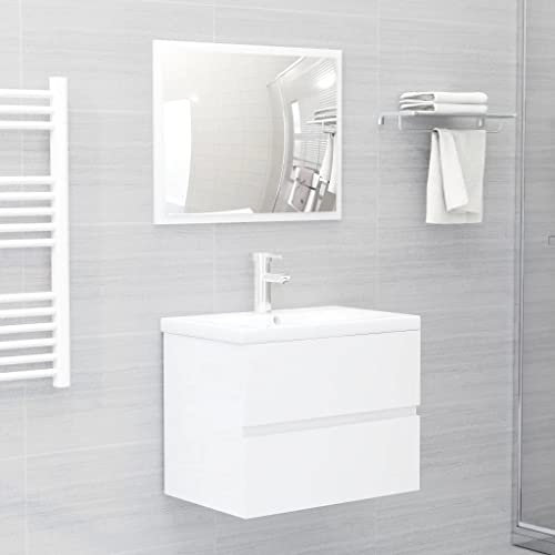 WIFESE Set di mobili da bagno in legno bianco lucido, 60 x 38,5 x 45 cm, mobiletto da bagno con 1 cassetto, 1 specchio, linee pulite e design sottile