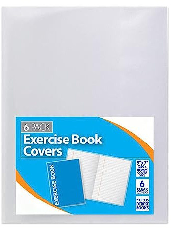 6 Pack 9 X 7 “Clear Exercise Book Covers Strong Plastic Protecting Sleeves Protector Cover Film Transparent Jacket, School Notebook (A5)