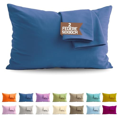 SONIT - Set 2 Federe Blu Royal Cuscino Letto 50x80 cm 100% Cotone con Chiusura a Busta, Morbidi e Traspiranti, Letto Matrimoniale, Fodere Guanciale Lavabili Biancheria Letto, Made in Italy