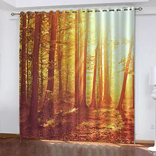 GOKSEL Vorhang Blickdicht Ösenschal 2 Stück x 140 B x 245cm H Gelb & Wald Gardinen Wohnzimmer Thermo Gardinen Blickdicht Kinder Vorhänge Schlafzimmer Dekoschals Gardine