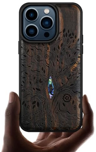 Carveit Étui Magnétique pour iPhone 15 Pro Coque Luxe Cover [Gravure en Bois et Incrustation de Coquille] Etui Compatible avec Apple 15 Pro Magsafe Artistique Case (Bois Sombre-Arbre de Vie Celtique)