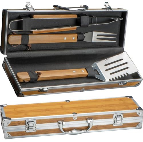 Grillkoffer aus Metall mit Bambusapplikationen / 3 teiliges BBQ Besteck