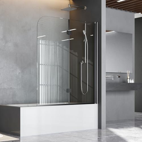 Duschwand für Badewanne 100 x 140 cm Badewannenfaltwand 2-teilig Faltbar Duschtrennwand 6mm Nano Glas Schwarz Faltwand Duschabtrennung