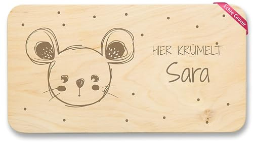 Frühstücksbrettchen Holz Natur - Hier Krümelt Maus mit Name I Tier Motiv Mäuse Kinder I Geschenk mit Name - 22x12 - Holz - geschenke personalisierte holzbrettchen vesperbrett