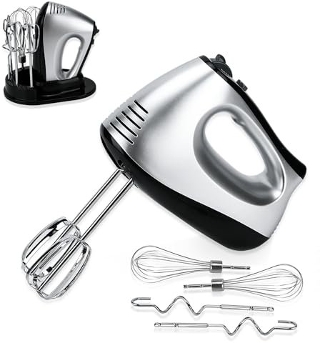Lychee Fouet électrique anti-éclaboussures, 5 vitesses avec bouton turbo, avec base de rangement, 6 accessoires en acier inoxydable, fouet électrique pour la cuisson de cuisine, 300 W
