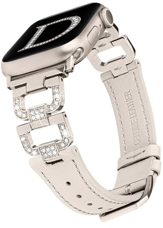 Wearlizer Leather Strap Compatible with Apple Watch Straps 41/40/38/42mm Women, Dressy Fancy Bling D-Shape Diamond Strap for iWatch Series 11/10/9/8/7/6/5/4/3/2/1/SE, Starlight/Starlight M