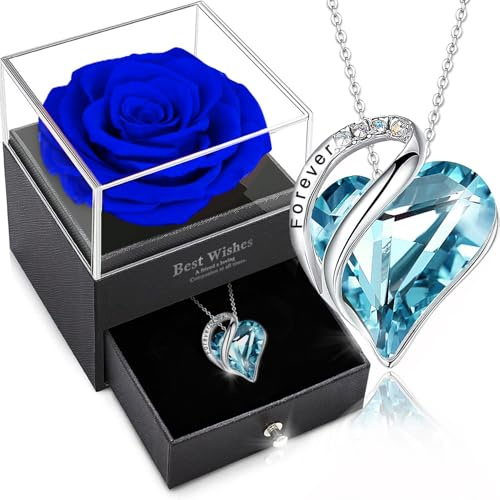 sopalmy Ewige Rose Box mit Herz Halskette, Upgrade Geschenke für Frauen mit Konservierte Ewige Echte Rosen & Herz Halskette aus 925 Sterlingsilber Schmuck Rosenbox für Geburtstag Valentinstag (Blau)