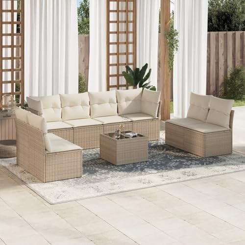 Gecheer Set 9 pz,Divani,da Giardino,per Esterno,Patio,8 Posti,con Tavolino,in Polyrattan,Beige e Bianco Crema,con Schienale Alta,Salotto da Giardino,Salotto da Esterno,Divano Modulare,Componibile