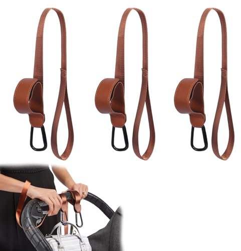 Kaket Leder-Kinderwagen-Haken, 3 Stück, Buggy-Clips für Handtaschen, Kinderwagen-Haken-Clips mit rutschfestem Seil (braun)