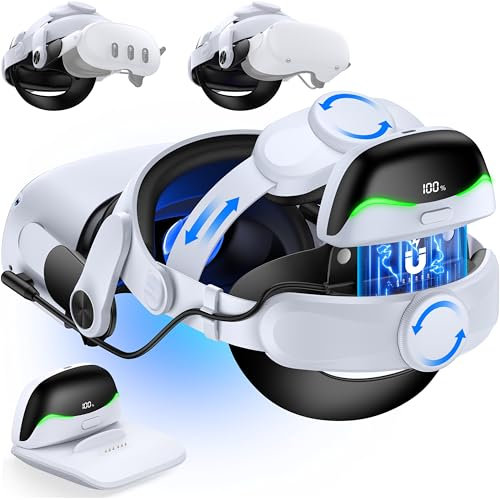 Elegamefy Elite Strap mit Magnetischem Akku und Ladestation, Verstellbares Headstrap für Meta Quest 3/2, Verlängert die Spielzeit, Schnellladefunktion VR Kopfband