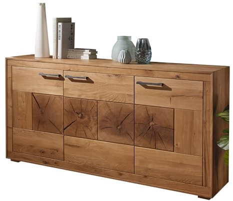 Lomadox Wohnzimmer Esszimmer Kommode Sideboard 3-türig, Wildeiche massiv geölt, montiert