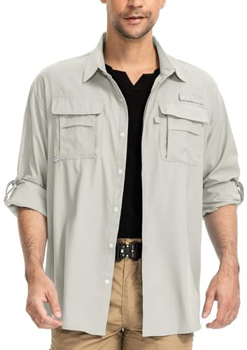 yeyity Herren Safari Hemd UPF50+ UV-Schutz Langarm Outdoor Hemd Casual Freizeithemden Schnelltrocknendes Funktionshemd für Wandern Angeln Reisen Trekking(5052,Light Khaki,L)