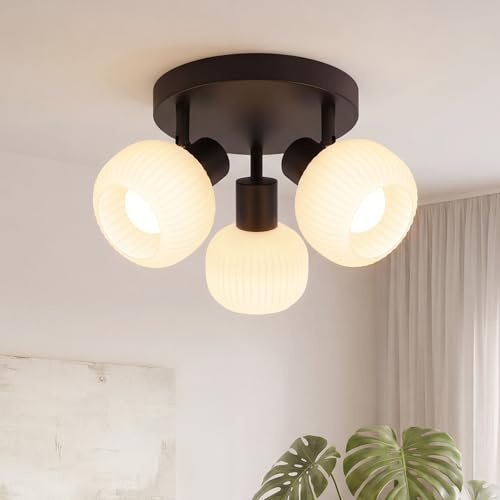 Deboola Deckenstrahler 3 Flammig Deckenleuchte Flur -Deckenlampe Schwarz | Deckenspots Vintage Rund Glas Strahler Innen E14 Morden 350°Schwenkbar Spots für Schlafzimmer Wohnzimmer(Ohne Leuchtmittel)