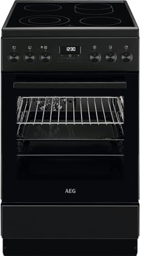 AEG Standherd mit Glaskeramik-Kochfeld, 50cm, A, 1 Paar Teleskopschienen, Bräterzone, Mehrkreiskochzone, Versenkknebel, Grillfunktion, Display mit Uhr, Mattschwarz, CCB54492BB
