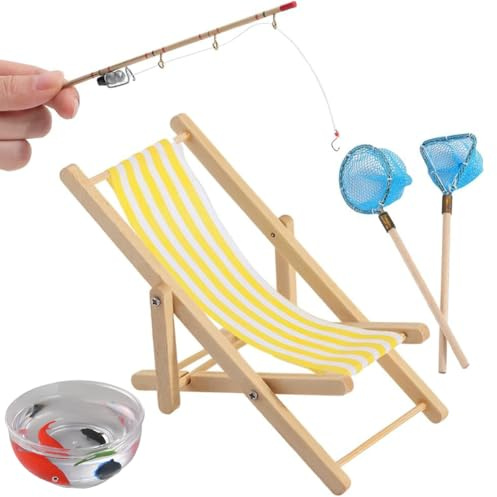 GORGECRAFT 5Pcs Mini Fishing Rod Decoration Natural Wood Cakes Topper Miniature Beach Chair Fishing Pole Net Goldfish Tank Set for Birthday Party Drink Cupcakes Decorations Supplies