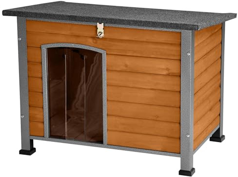 Seiyierr Indoor Outdoor Hundehaus, Anti-Kauen Eisenrahmen Hundehütte, Holz warm Haustiere zu Hause, wetterfest außerhalb Unterschlupf für Wilde Tiere Braun