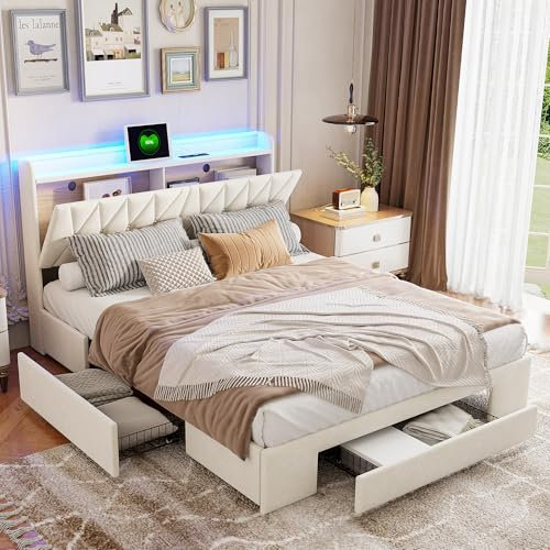 Polsterbett 140x200 cm, Doppelbett mit 3 Schubladen, Bett Stauraum-Kopfteil mit LED Beleuchtung und USB Ladefunktion, Stauraumbett Bettgestell mit Lattenrost, Samt, Beige, Ohne Matratze (140x200 cm)