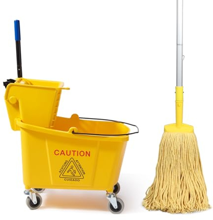 35 Quarts Commercial Mop Bucket Set with Side-Press Wringer for Floor Cleaning, Yellow, Including One Commercial Mop