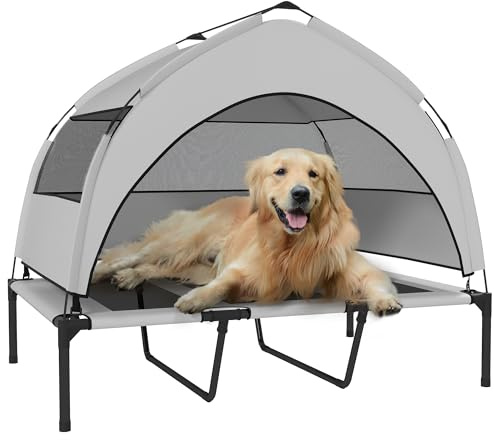 PawHut Elevated Dog Bed for Large Dogs 106 x 76 x 94 cm Light Grey | Removable Canopy, Portable Cooling Raised Pet Cot, Breathable Mesh, Storage Bag, Indoor Outdoor Use