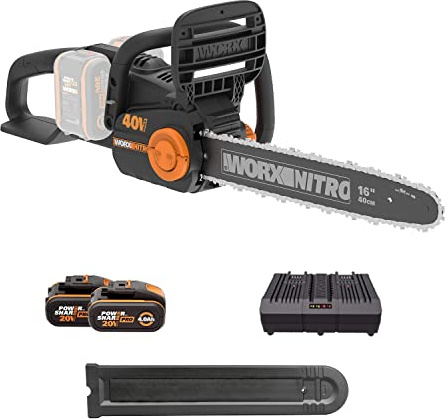 Worx WG385E 40V PowerShare Cordless 40cm Brushless Chainsaw, 45cc Equivalent Power with x2 4.0Ah Batteries and Charger