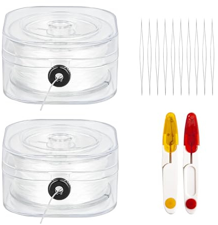 2 Spule Weißes Gummiband Elastisch für Armbänder Reißfest, 0.6mm, 0.8mm, Elastisches Band Set für Armbänder, Gummi für Armbänder, mit Perlennadeln und Scheren, für DIY Armbänder Selber Schmuck Machen