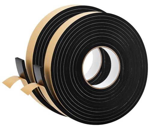 BENECREAT 2 Pack 32Ft/10M Self Adhesive Foam Strip, Weather Stripping for Doors and Windows, Black EVA Foam Tape for Soundproofing, Door Seal and Insulation(30mm Wide, 6mm Thick), 16.4Ft(5m)/Roll