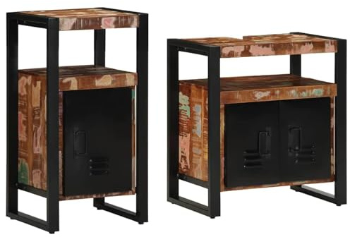 Tidyard Set mobili Bagno 2 Pezzi Legno massello riciclo, Piano lavabo massello, Design Rettangolare, soluzioni archiviazione Versatili, Spazio Ampio, per Bagno Moderno e Tradizionale