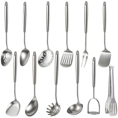 Newness 12 Pcs Cooking Utensils Set, 304 Stainless Steel Kitchen Utensils Set, Metal Kitchen Accessories, Include Soup Ladle, Slotted Skimmer Spoon, Spaghetti Spoon and Spatula, Dishwasher Safe