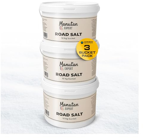 Horison Industries White De-Icing Rock Salt, 3 Buckets 10kg Each Winter Use | Seasalt Weed Killer & Moss Killer for Paths & Drives, Path De-Icer & Deicing Salt for Driveways & Roads Covered in Snow & Ice