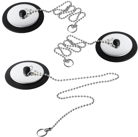 3 Pcs Universal Bath Plug and Chain, Universal Sink Plugs, Black Rubber Kitchen Sink Plug Replacement, Bathroom Plugs for Sinks Bathroom Kitchen 43mm to 45mm Drain Stoppers
