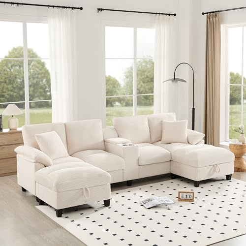 Sofá espacioso de 4 plazas en forma de U con espacio de almacenamiento, tela de pana extragrande y cojines, portavasos de acero inoxidable y dos puertos USB, adecuado para salón, dormitorio y